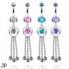 Jeweled navel ring with dangling heart and chains