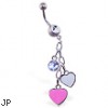 Jeweled navel ring with dangling heart and gem charms