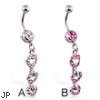 Jeweled navel ring with dangling jeweled hearts