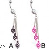 Jeweled navel ring with dangling mini brass knuckles on chains