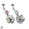 Jeweled navel ring with dangling miracle bead flower petals