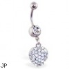 Jeweled navel ring with dangling paved heart