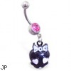 Jeweled navel ring with dangling pink and black girly skull