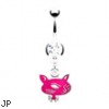 Jeweled navel ring with dangling pink cat
