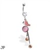 Jeweled navel ring with jeweled butterfly and dangling pink cz's