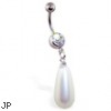 Jeweled Navel Ring with Large Dangling Teardrop Pearl