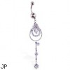 Jeweled navel ring with long jeweled teardrop dangle