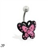 Jeweled pink and black butterfly belly ring