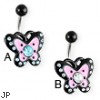 Jeweled pink and black butterfly belly ring