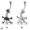 Jeweled skull and cross-bones belly button ring