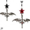 Jeweled star navel ring with dangling gothic cross and bats
