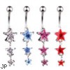 Jeweled star navel ring with dangling jeweled stars