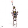 Jeweled vintage belly ring with heart chandelier dangle