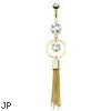 Large Round CZ Encircled By Round Ring with Extending Multi Chain Strings Dangle Gold Tone Navel Rin