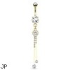 Large Round CZ with Two Extending Strings Of Square Gems Dangle Gold Tone Navel Ring