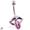 Lips belly ring with pink jeweled tongue dangle