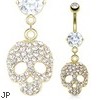 Multi Paved Gems Skull Dangle 14Kt Gold Tone Navel Ring