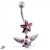 Nautica star belly ring with dangling skull and wings