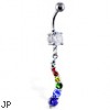 Navel ring with curved rainbow jeweled dangle