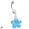 Navel ring with dangling aqua glitter flower