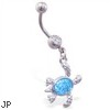 Navel ring with dangling aqua glitter sea turtle