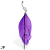 Navel ring with dangling black chains and large purple feather