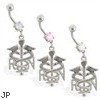 Navel ring with dangling caduceus charm