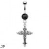 Navel ring with dangling cross with wings