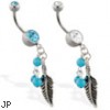 Navel ring with dangling feather and turquoise colored balls