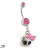 Navel ring with dangling girly skull with bow