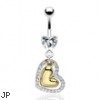 Navel ring with dangling gold colored heart and jeweled heart