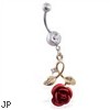 Navel Ring with Dangling Gold Colored Stem with Rose And Tiny CZ