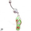 Navel ring with dangling green flipflop with flowers