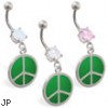 Navel ring with dangling green peace sign