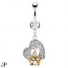 Navel ring with dangling heart and Gold Tone crown