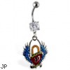 Navel ring with dangling heart lock with wings