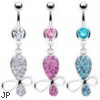 Navel ring with dangling jewel paved distorted butterfly