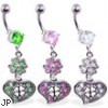 Navel ring with dangling jeweled clover and heart