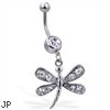 Navel ring with dangling jeweled dragonfly