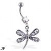 Navel ring with dangling jeweled dragonfly