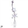 Navel ring with dangling jeweled flower and crystal