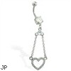 Navel ring with dangling jeweled heart on chains