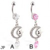 Navel ring with dangling jeweled moon, star and gem