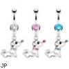 Navel ring with dangling jeweled puppy dog