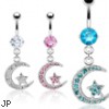 Navel ring with dangling jeweled star on moon