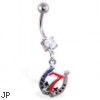 Navel ring with dangling lucky "7" horseshoe