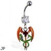Navel ring with dangling medical cross with wings and snakes