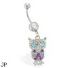 Navel ring with dangling multi-colored jeweled owl