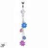 Navel ring with dangling multicolored flowers
