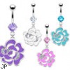 Navel ring with dangling painted rose